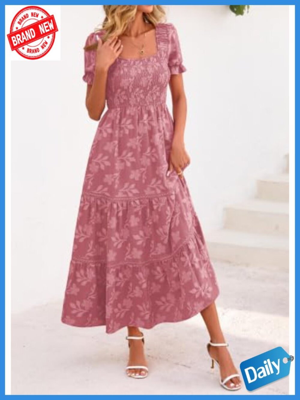 Women's Boho Floral Maxi Dress Square Neck Smocked Ruffle A-Line Short Sleeve - Picture 5 of 6
